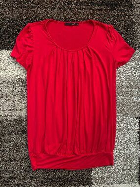 DJT FASHION (M) Red Pleated Tee Scoop Blouson Top Bright Gathered Banded #2